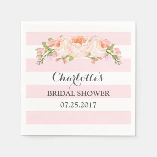 Blush Pink Stripes Floral Bridal Shower Napkin
