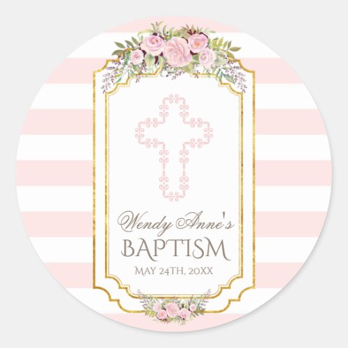 Blush Pink Stripes Floral Gold Baptism Monogram Classic Round Sticker