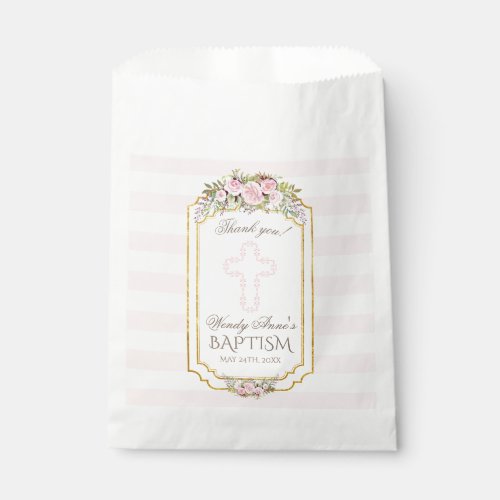 Blush Pink Stripes Floral Gold Baptism Monogram Favor Bag
