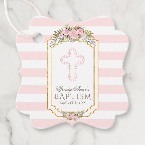Blush Pink Stripes Floral Gold Baptism Monogram Favor Tags