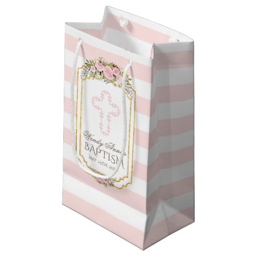 Blush Pink Stripes Floral Gold Baptism Monogram Small Gift Bag
