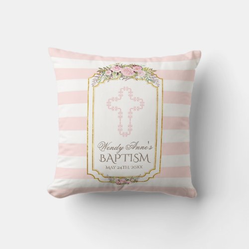 Blush Pink Stripes Floral Gold Baptism Monogram Throw Pillow