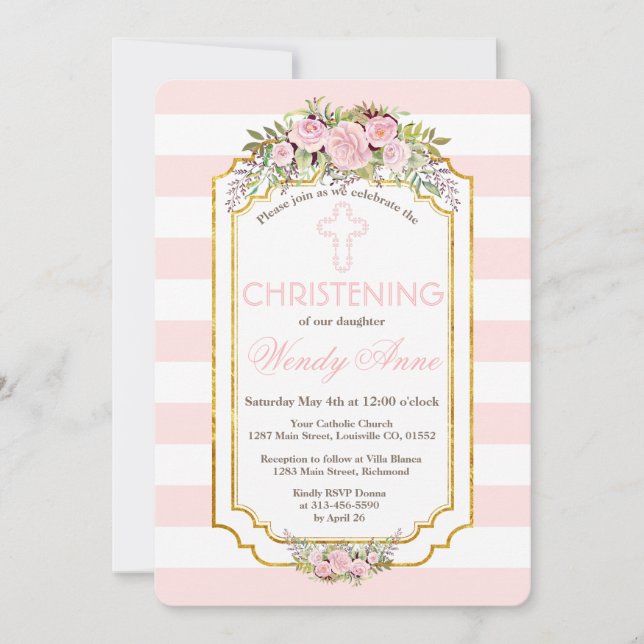 Blush Pink Stripes Floral Gold Christening Invite (Front)