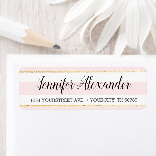 Blush Pink Stripes Gold Faux Foil Return Address Label