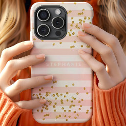 Blush Pink Stripes Gold Glitter Confetti Monogram iPhone 15 Case