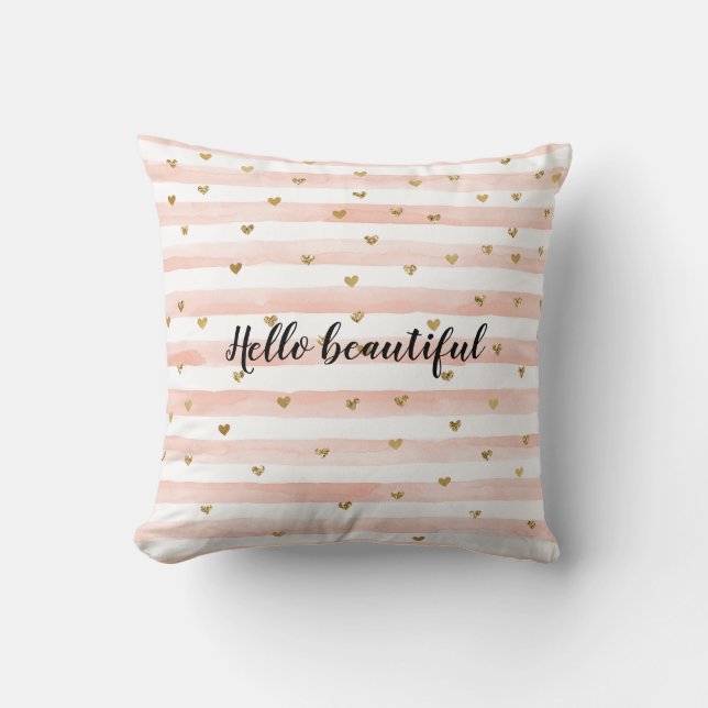 Blush Pink Stripes Gold Hearts Throw Pillow (Front)