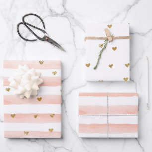 Blush Pink Stripes Gold Hearts Wrapping Paper Sheets