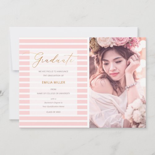 Blush Pink Stripes Modern Graduation Photo Announcement