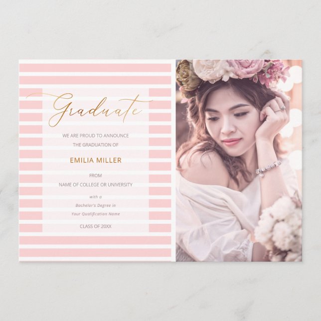 Blush Pink Stripes Modern Graduation Photo Announcement (Front)