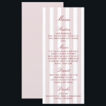 Blush Pink Stripes Modern Wedding Menu Card<br><div class="desc">A modern wedding menu card featuring blush pink and white vertical stripes with elegant red script typography. This stylish design presents each course in a chic and sophisticated way,  adding a modern striped aesthetic to your wedding table setting. Perfect for couples who love a refined,  contemporary,  and romantic look.</div>