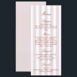 Blush Pink Stripes Modern Wedding Menu Card<br><div class="desc">A modern wedding menu card featuring blush pink and white vertical stripes with elegant red script typography. This stylish design presents each course in a chic and sophisticated way,  adding a modern striped aesthetic to your wedding table setting. Perfect for couples who love a refined,  contemporary,  and romantic look.</div>