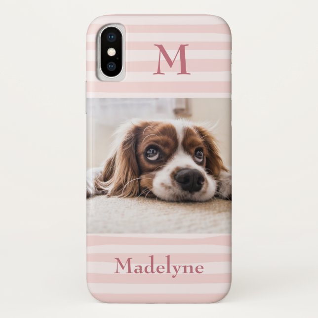 Blush Pink Stripes Monogram Photo Personalized Case-Mate iPhone Case (Back)