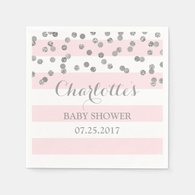 Blush Pink Stripes Silver Confetti Baby Shower Napkins (Front)