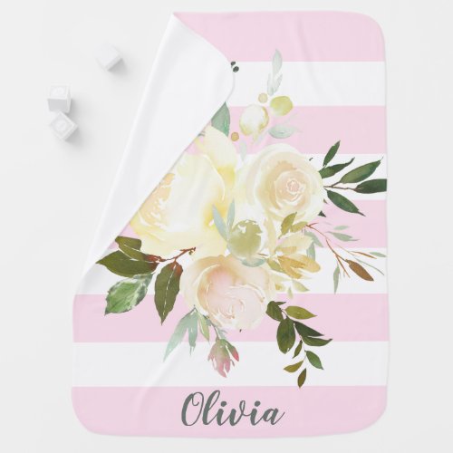 Blush Pink Stripes Watercolor Cream Floral Girl Baby Blanket