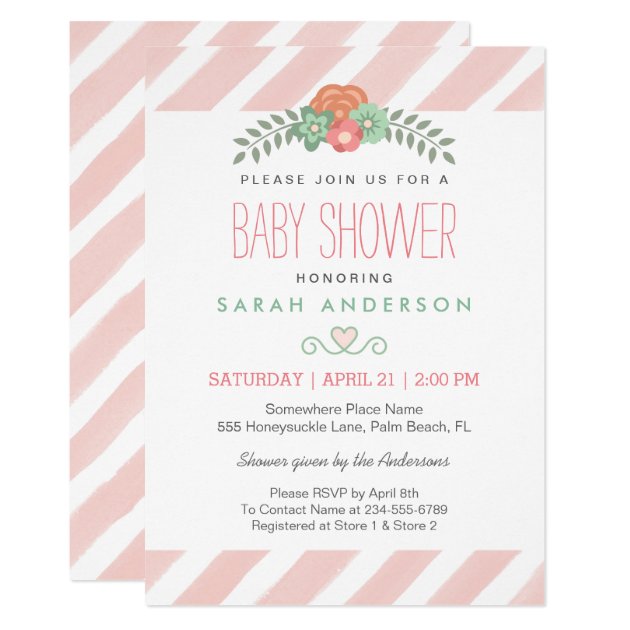 Blush Pink Stripes Watercolor Floral Baby Shower Invitation