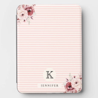 Blush Pink Stripes Watercolor Roses Initial Kindle Cover