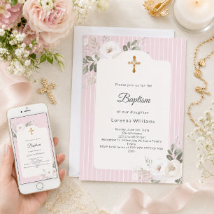 Blush pink stripes white florals girl Baptism Invitation