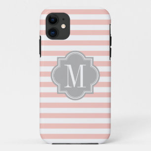 Blush Pink Stripes with Gray Monogram iPhone 11 Case