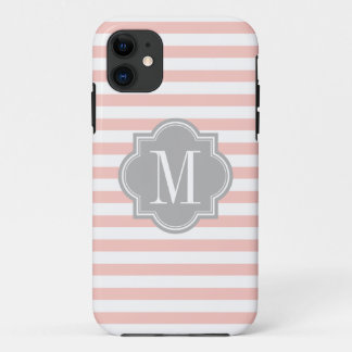 Blush Pink Stripes with Gray Monogram iPhone 11 Case