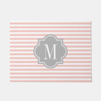 Blush Pink Stripes With Gray Monogram Doormat by PastelCrown at Zazzle