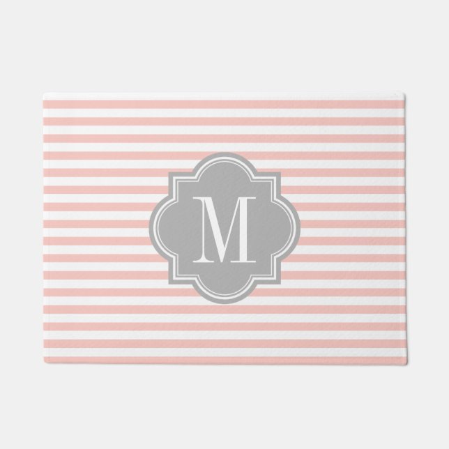 Blush Pink Stripes with Gray Monogram Doormat (Front)