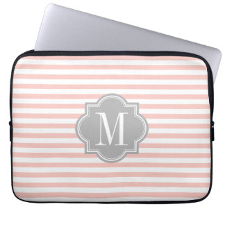 Blush Pink Stripes with Gray Monogram Laptop Sleeve