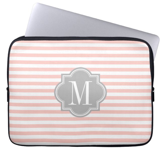 Blush Pink Stripes with Gray Monogram Laptop Sleeve (Front)