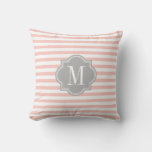 Blush Pink Stripes With Gray Monogram Throw Pillow at Zazzle