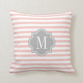 Blush Pink Stripes With Gray Monogram Throw Pillow by PastelCrown at Zazzle