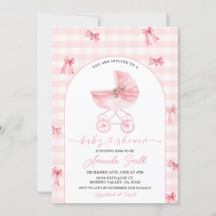 Blush Pink Stroller Gingham Bow Girl Baby Shower Invitation