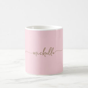 Blush Pink Stylish Gold Monogram Signature Script Coffee Mug