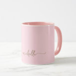 Blush Pink Stylish Gold Monogram Signature Script Mug<br><div class="desc">Girly Minimalist Simple Blush Pink Elegant Gold Monogram Name Signature Script Custom Personalized Coffee Mug. These design featuring your first name in a pretty hand lettered style swash tail font signature typography script in gold color on baby pink or light blush pink color background. Easy to customize it. Great stylish...</div>