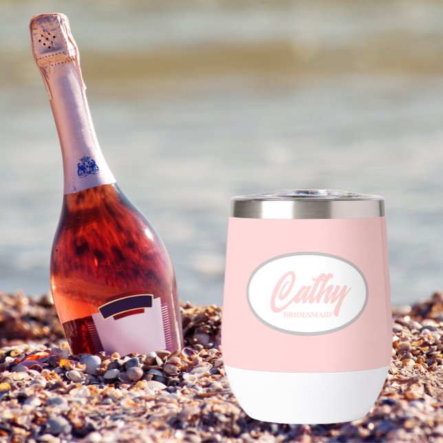 Blush Pink Stylized Name Wedding Bridesmaid Thermal Wine Tumbler (In Situ Beach)