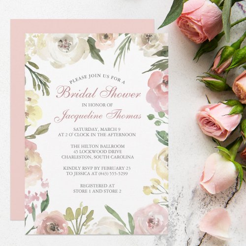 Blush Pink Summer Floral Elegant Bridal Shower Invitation