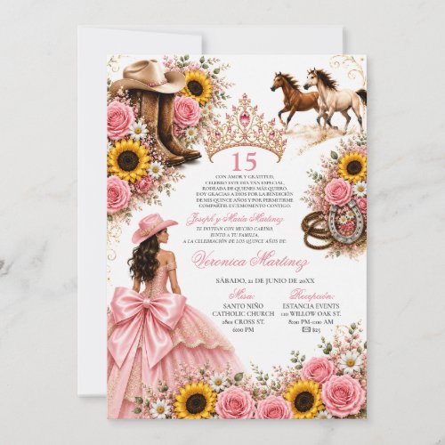 Blush Pink Sunflower Rose Vaquera Quinceañera  Invitation