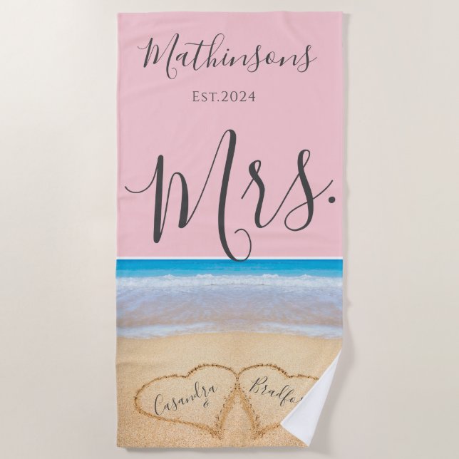 Blush Pink Sunset Beach Wedding 2 Heart Beach Towel (Front)