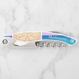 Blush Pink Sunset Hearts in the Sand Beach Wedding Waiter's Corkscrew