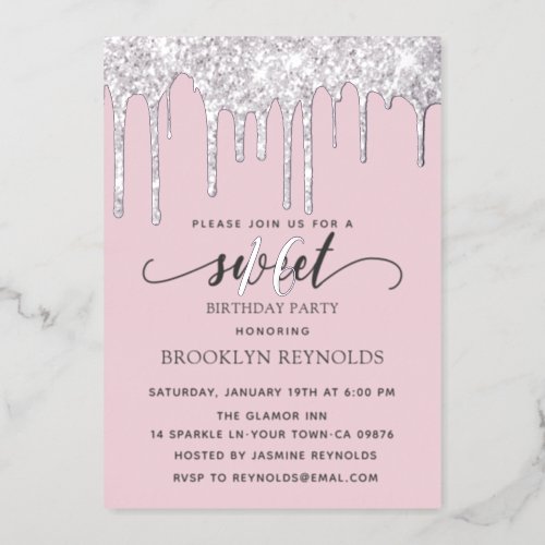 Blush Pink Sweet 16 Birthday Silver Foil Invitation