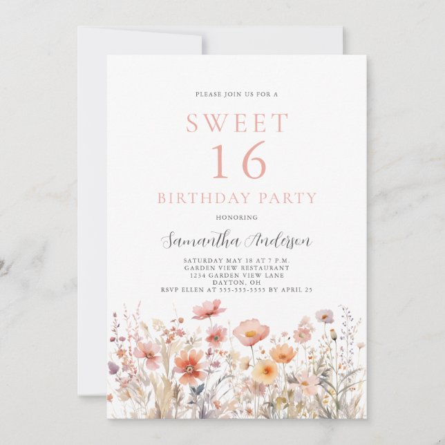 Blush Pink Sweet 16 Floral Birthday Invitation (Front)