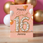 Blush Pink Sweet 16 Gold Pearl Number and Balloons Card<br><div class="desc">Celebrate her milestone with a card as dazzling as she is. This Sweet 16 design features a bold “16” filled with pearl-like spheres and framed in gleaming gold, set against a blush pink background with floating white and metallic gold balloons. Tiny confetti sparkles across the bottom, adding a festive touch....</div>
