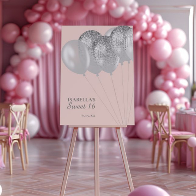 Blush Pink Sweet 16 Silver Glitter Balloons Foam Board (Blush pink Sweet 16 Welcome sign with silver glitter balloons)