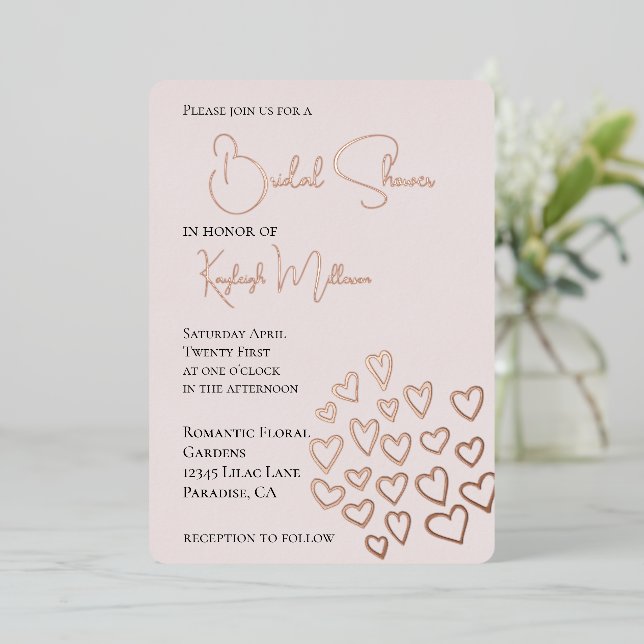 Blush Pink Sweet Hearts Bridal Shower Foil Invitation (Standing Front)