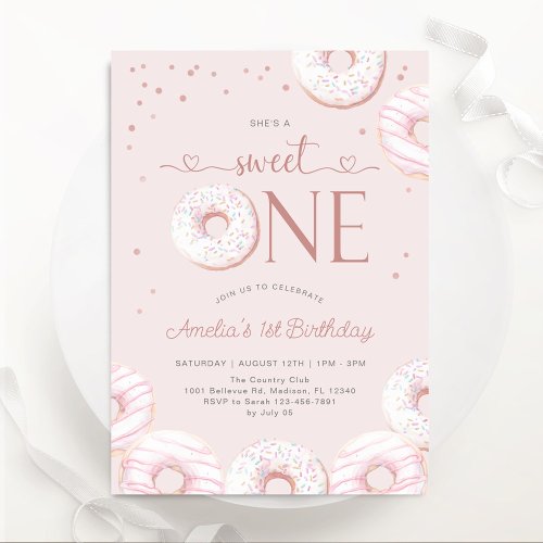 Blush Pink Sweet One Donuts 1st Birthday Invitation