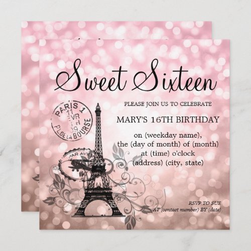 Blush Pink Sweet Sixteen Romantic Paris Glam Invitation
