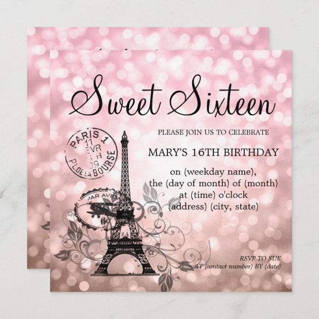 Blush Pink Sweet Sixteen Romantic Paris Glam Invitation (Front/Back)