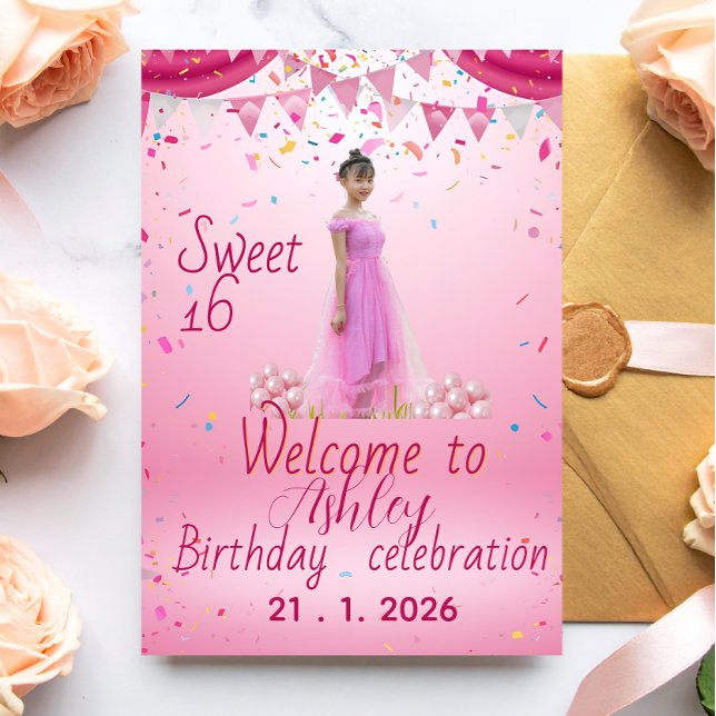 Blush Pink Sweet Sixteen Welcome Sign, Photo  Invitation Postcard (Creator Uploaded)