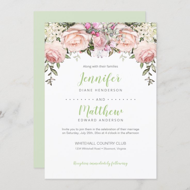 Blush Pink Sweetheart Roses Floral Header Wedding Invitation | Zazzle