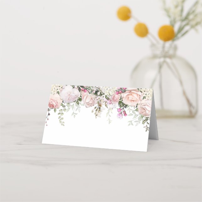 Blush Pink Sweetheart Roses Greenery Placecards (Front)