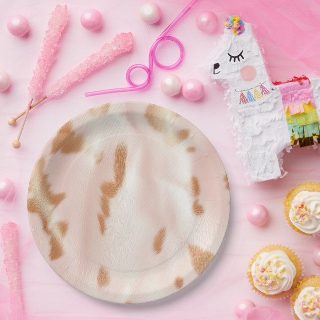 Blush Pink Tan Southwest Faux Cowgirl Cowhide Paper Plates (Party)