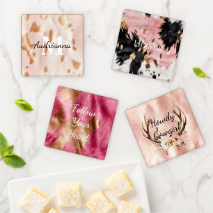 Blush Pink Tan Southwest Faux Cowhide Cowgirl Coaster Set